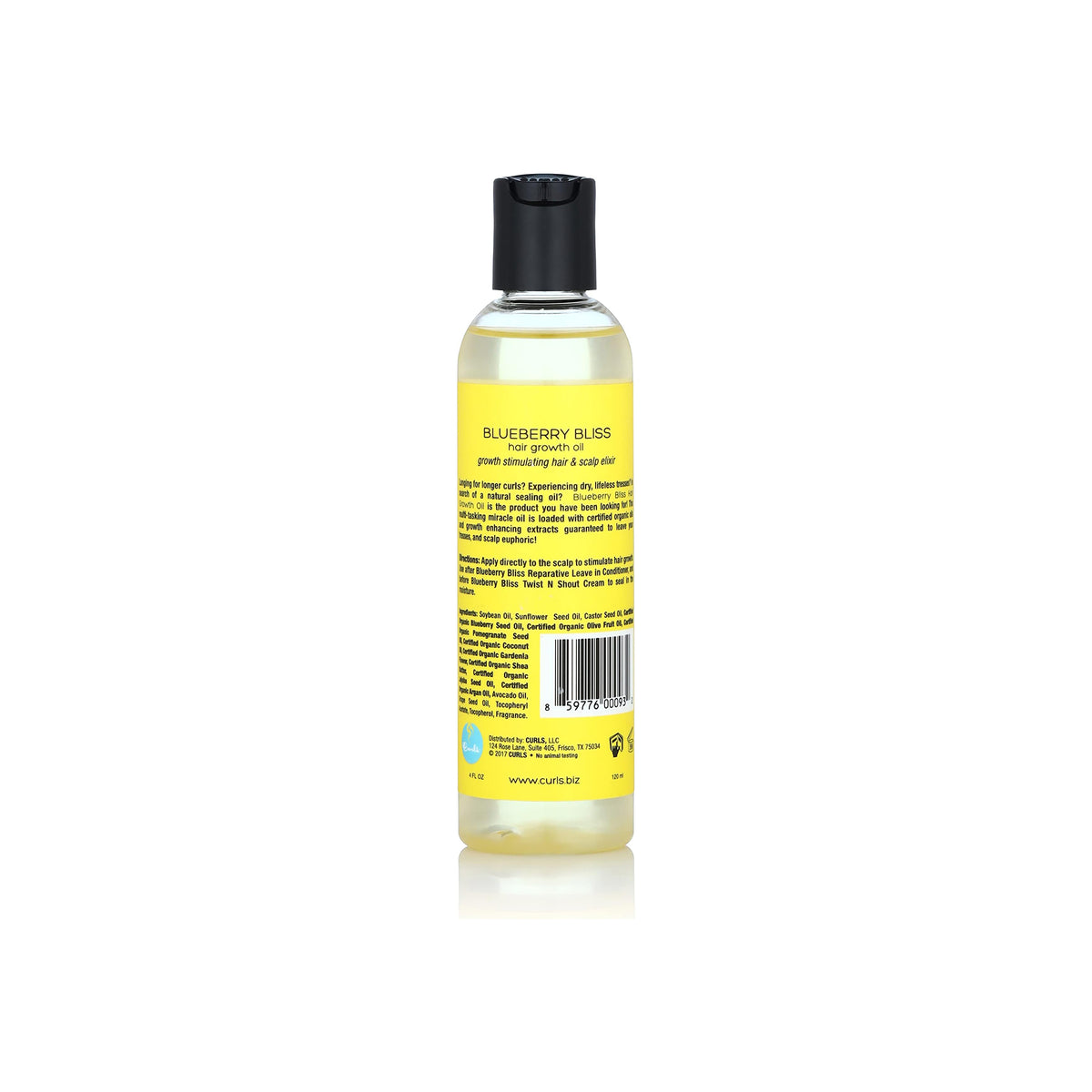 Nahaufnahme der Rückseite einer Flasche Curls Blueberry Bliss Hair Growth Oil mit Produktinformationen.