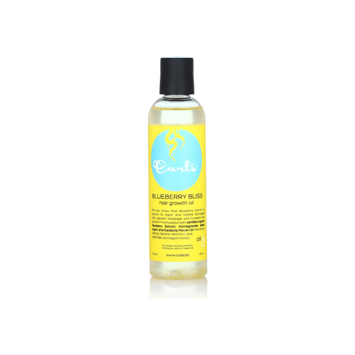 Flasche Curls Blueberry Bliss Haarwachstumsöl. Klares Öl in transparenter Flasche mit gelbem Etikett und schwarzem Deckel.