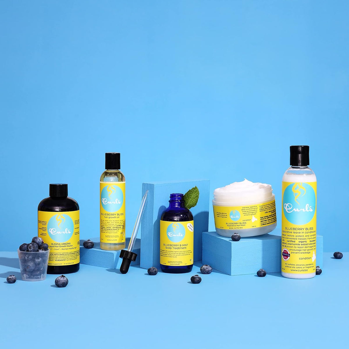 Verschiedene Haarprodukte von Curls Blueberry Bliss, darunter Öl in schwarzer und klarer Flasche, blaue Serumflasche und weiße Creme, arrangiert mit frischen Blaubeeren auf hellblauer Oberfläche.