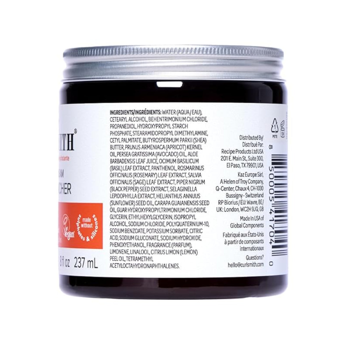 Curlsmith-Haarprodukt in dunklem Glas mit silbernem Deckel, Zutatenliste auf weißem Etikett sichtbar, 237 ml.