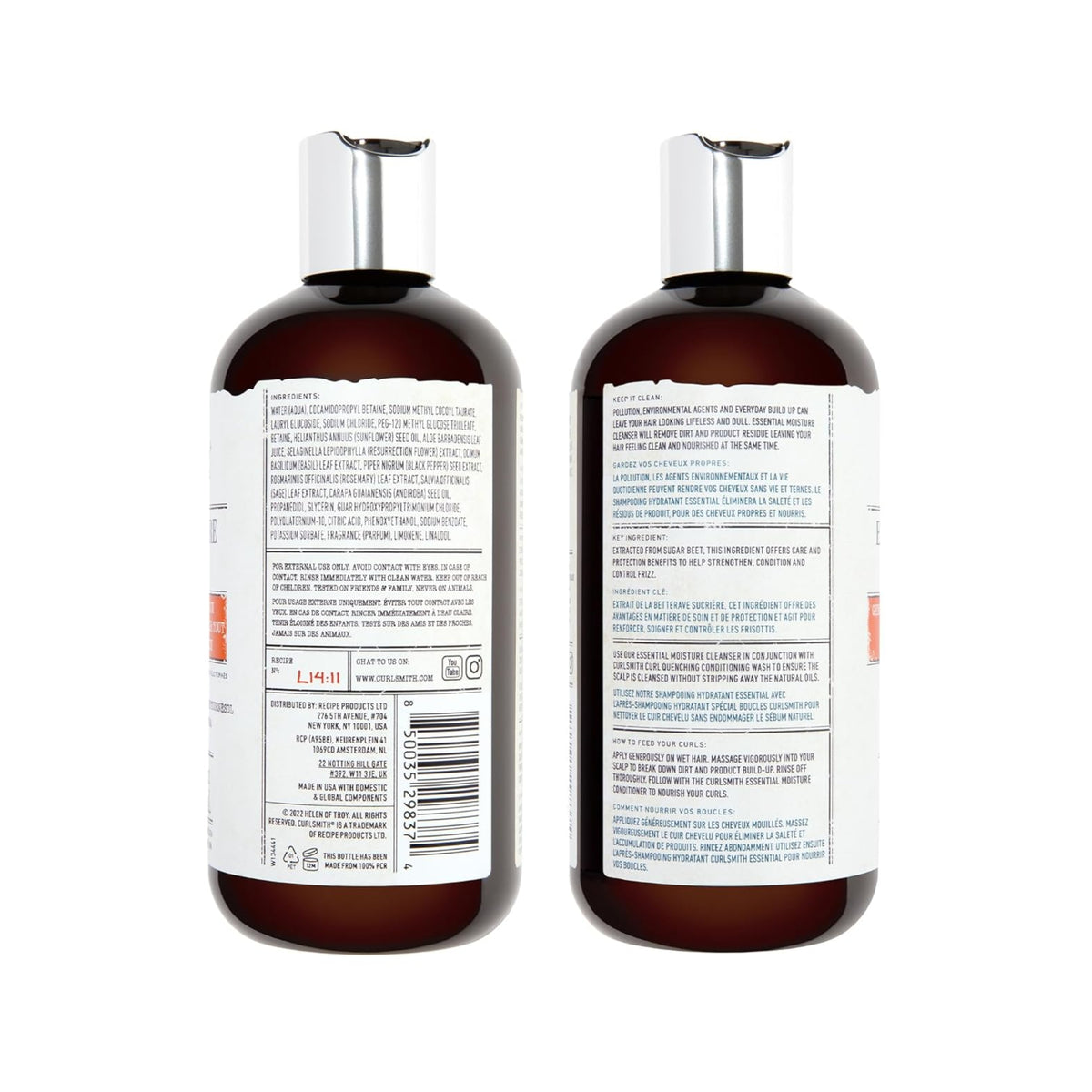 Curlsmith Essential Moisture Cleanser – zwei braune Flaschen mit weißen Etiketten mit Zutaten und Anweisungen in Englisch und Französisch.