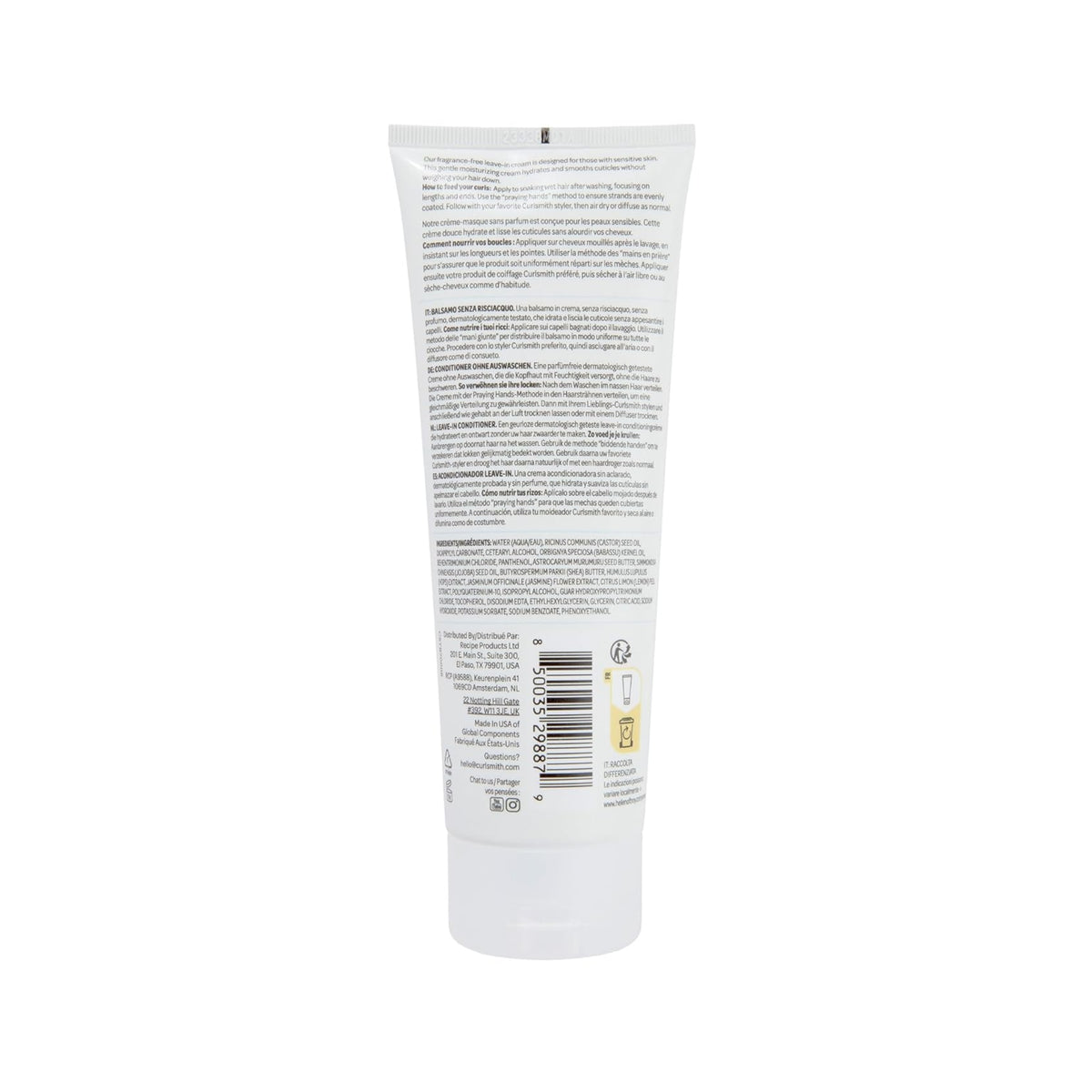 Rückseite der weißen Curlsmith-Tube mit parfümfreiem Leave-in-Conditioner, Zutatenliste und Gebrauchsanweisung in mehreren Sprachen.