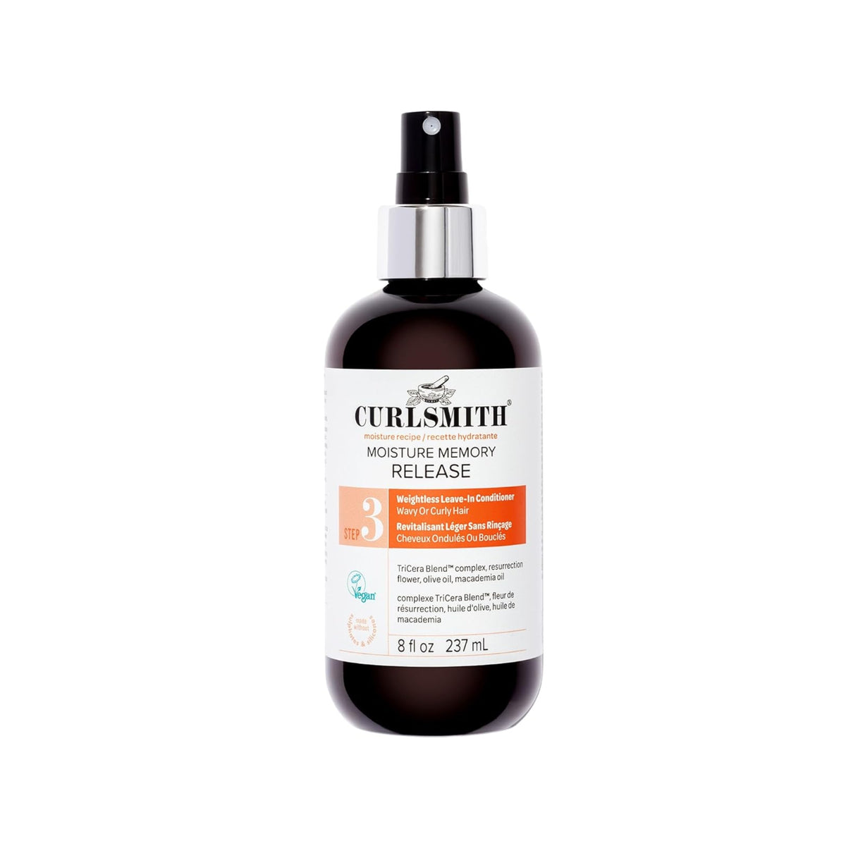 Curlsmith Moisture Memory Release Braunglas-Sprühflasche mit weißem und orangefarbenem Etikett, 237 ml.