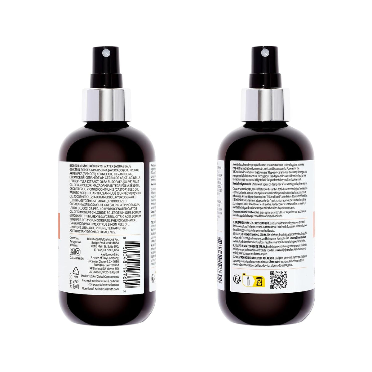 Zwei braune Sprühpumpflaschen mit Curlsmith Leave-in-Pflegespray, Zutaten und Anweisungen auf dem Etikett.