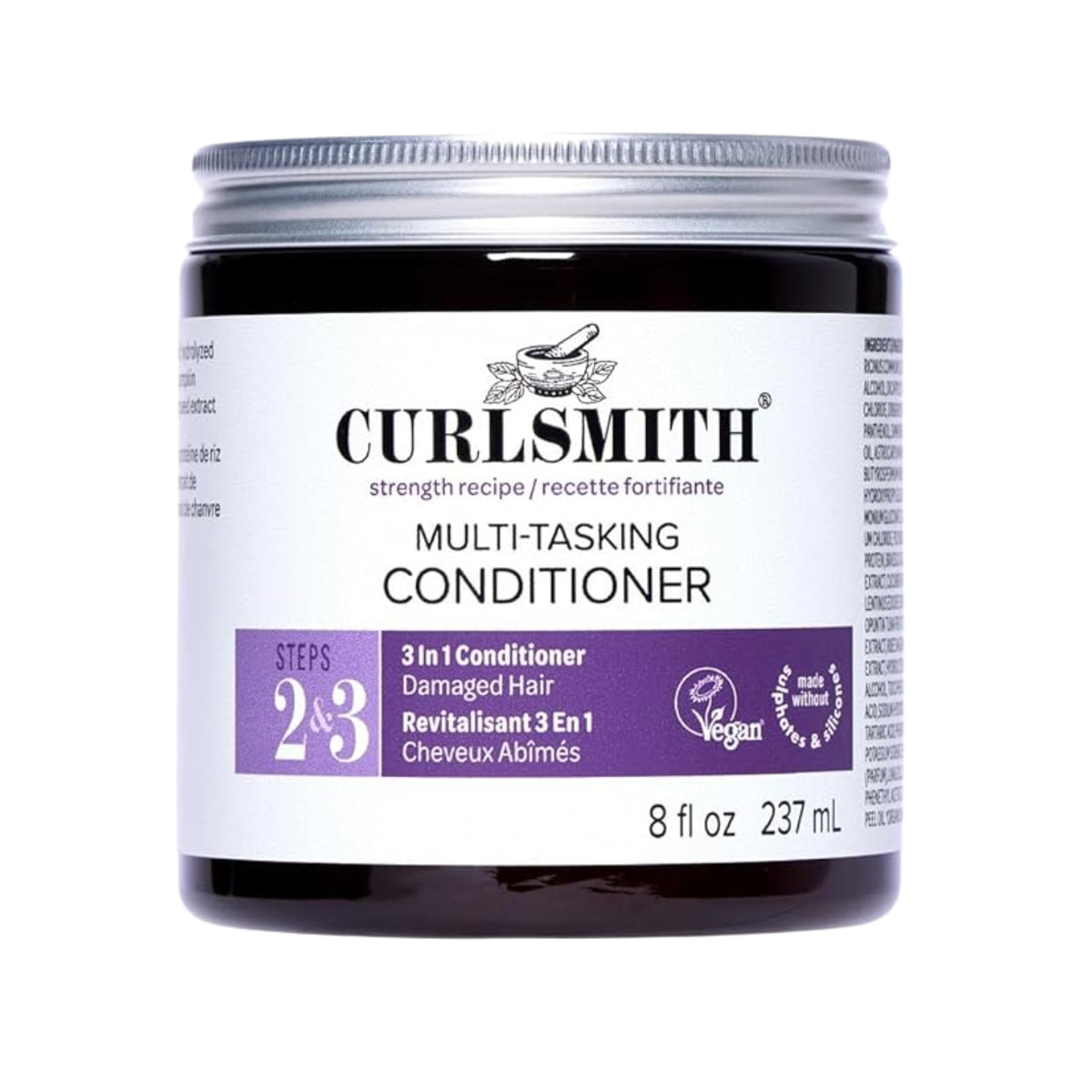 Curlsmith Multi-Tasking Conditioner im schwarzen Glas mit silbernem Deckel und lila Etikett für strapaziertes Haar, 237 ml.