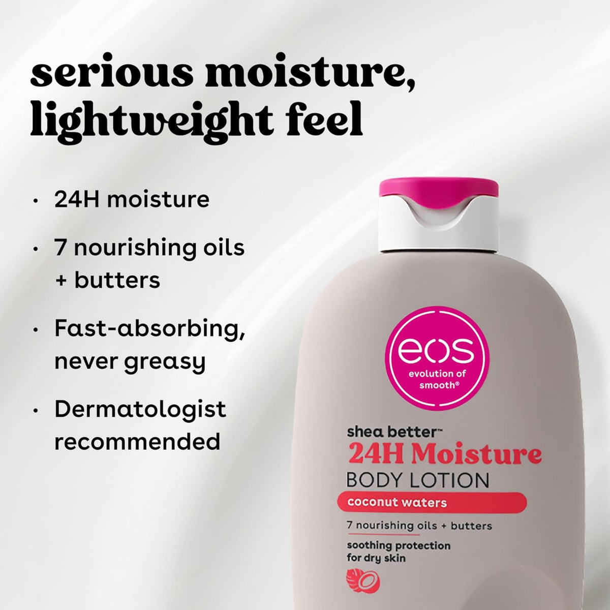 eos Shea Better 24H Moisture Body Lotion in rosa Flasche mit rosa Deckel, Kokoswasserduft.