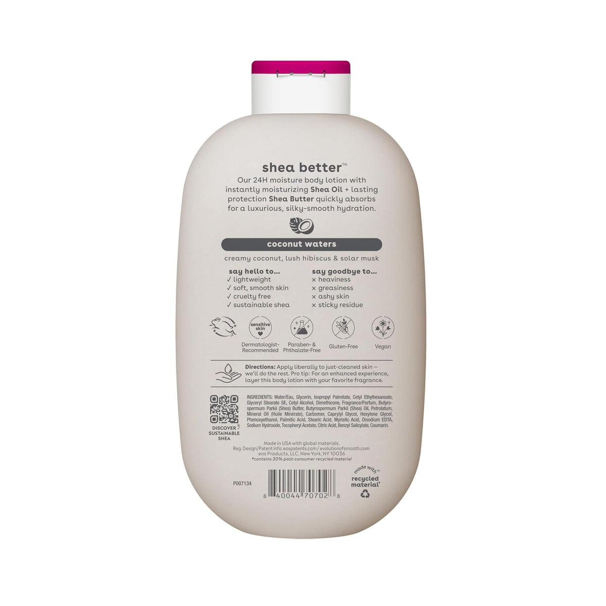 eos Shea Better Bodylotion mit Inhaltsstoffen, Kokoswasserduft und rosafarbenem Deckel vor weißem Hintergrund.