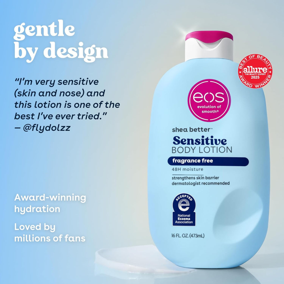 eos Shea Better Sensitive Body Lotion, blaue Flasche mit rosa Verschluss, frei von Duftstoffen, 473 ml, Gewinner des Allure Award 2025.