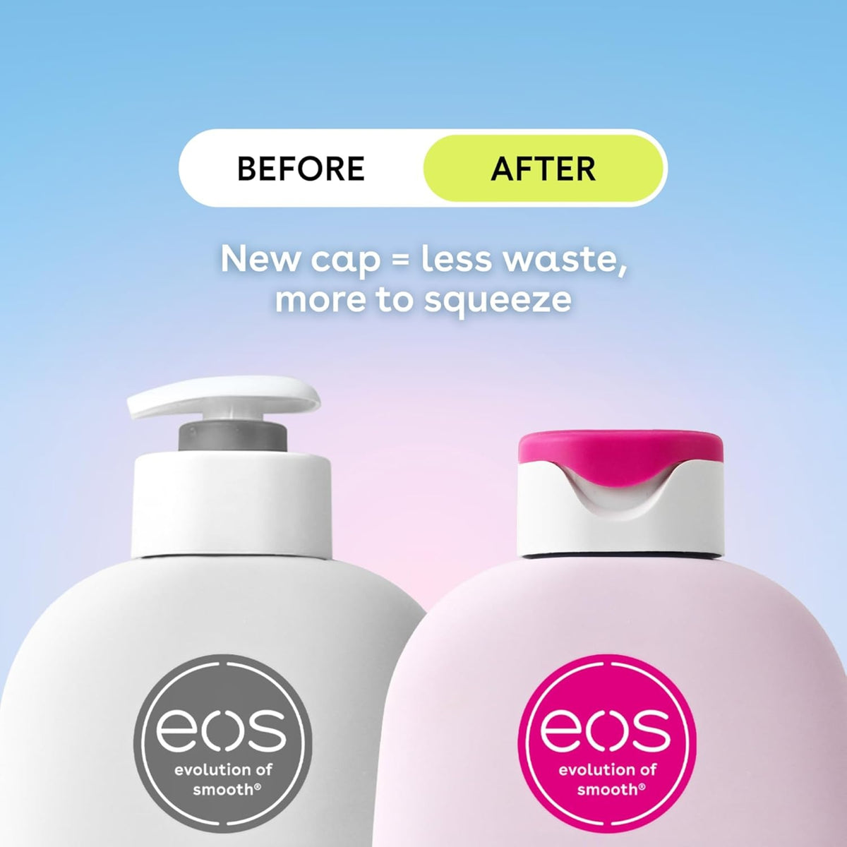 eos evolution of smooth im Vergleich: alte Pumpkappe vs. neue Flip-Top-Kappe in Pink, weniger Abfall.