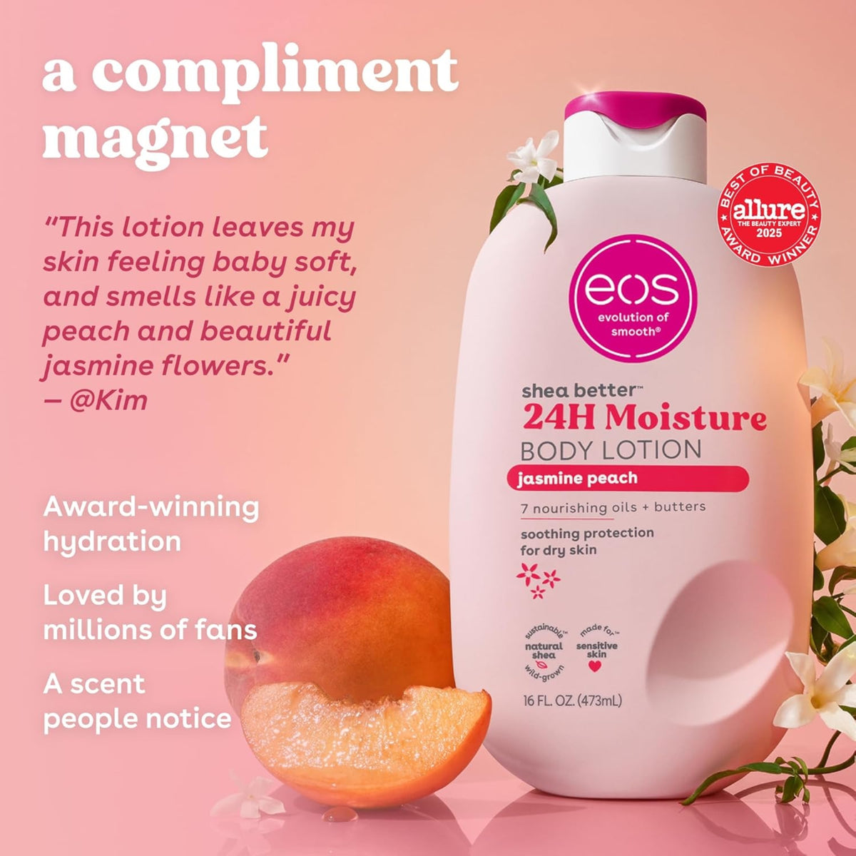 eos Shea Better 24H Moisture Body Lotion Jasmin-Pfirsich neben frischem Pfirsich auf rosa Hintergrund, Gewinner des Allure Award 2025.