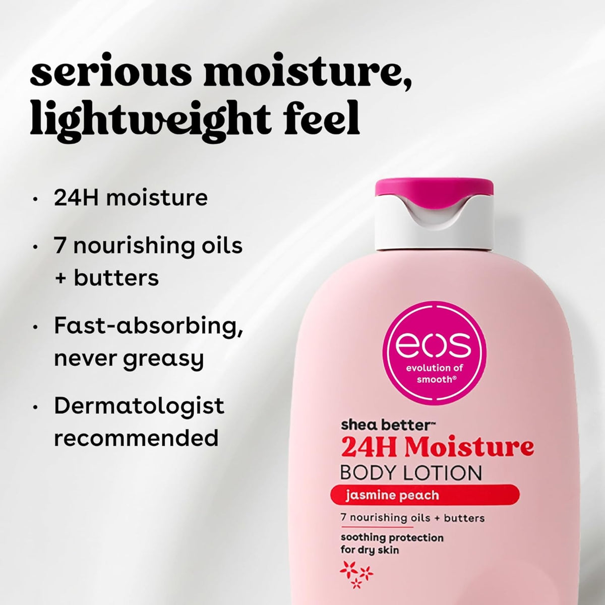 EOS Body Lotion Jasmine Peach 473 ml – Pink Shea Better 24H feuchtigkeitsspendende Körperlotion mit 7 pflegenden Ölen und Aufstrichen.