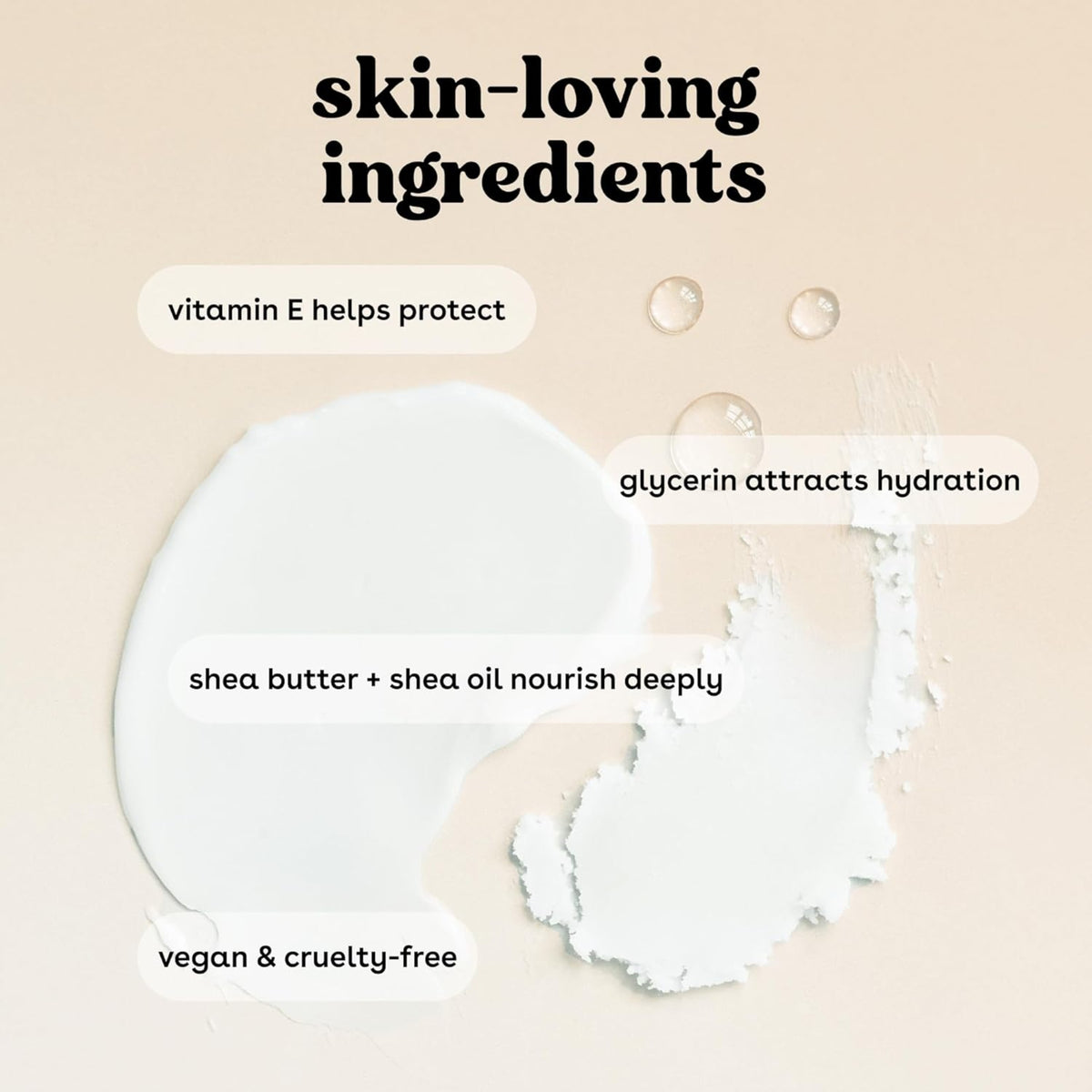 Cremiges Hautpflegeprodukt mit Vitamin E, Glycerin und Sheabutter, vegan und tierversuchsfrei, auf beigem Hintergrund.