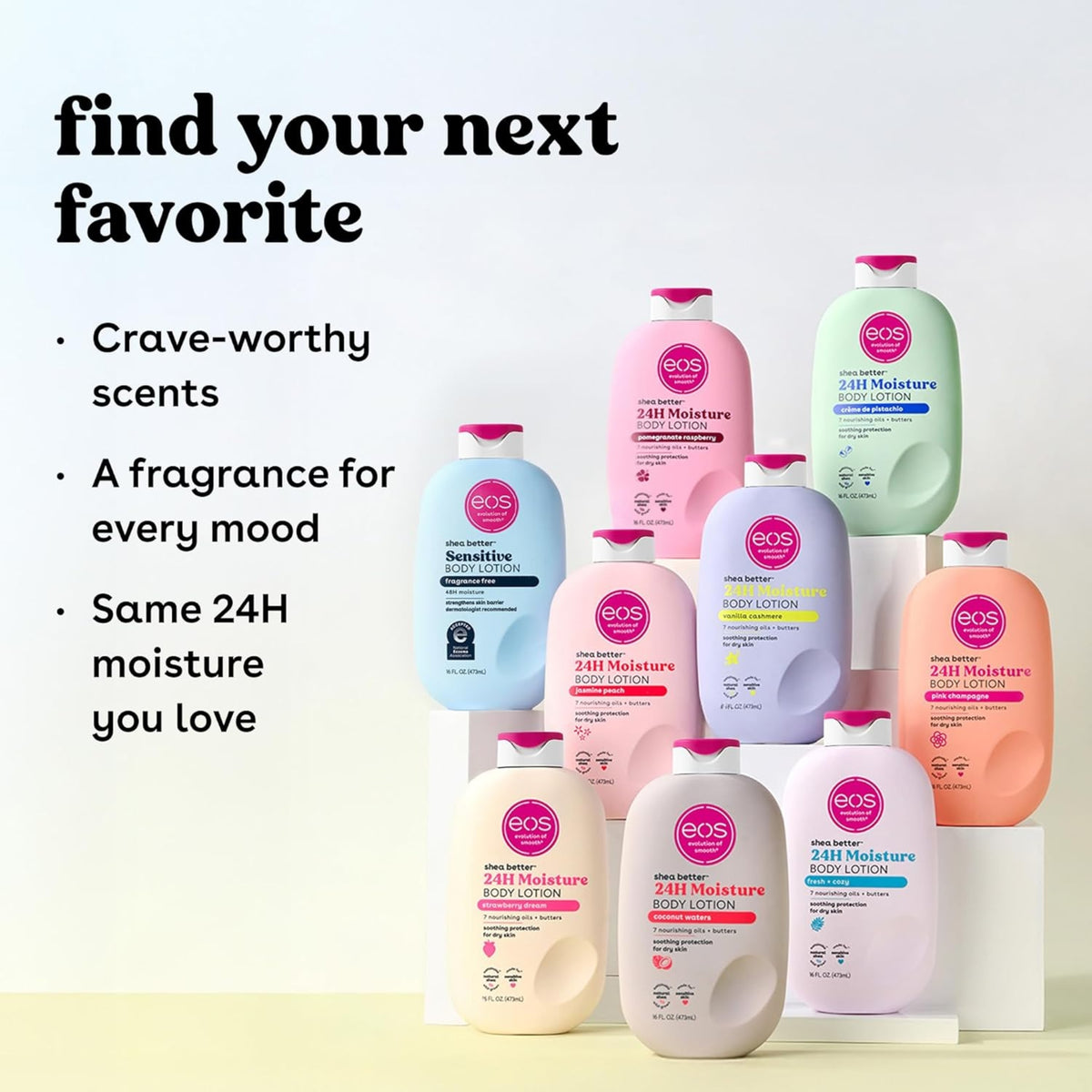 EOS Body Lotion Jasmine Peach 473 ml – Kollektion von eos Shea Better 24H Moisture Körperlotionen in Pastellfarben mit verschiedenen Düften.