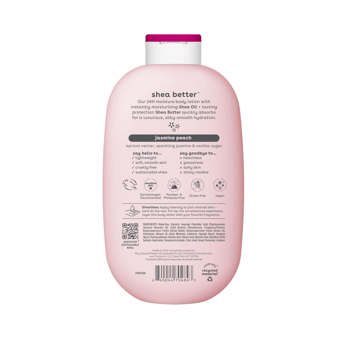 EOS Body Lotion Jasmine Peach 473 ml mit Zutatenliste, Gebrauchsanweisung und besseren 24-Stunden-Feuchtigkeitseigenschaften von Shea.