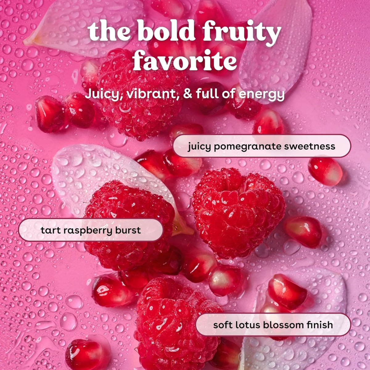 Himbeeren und Granatapfelkerne auf einem nassrosa Hintergrund mit Lotusblütenblättern – der kräftige, fruchtige Lieblingsgeschmack.