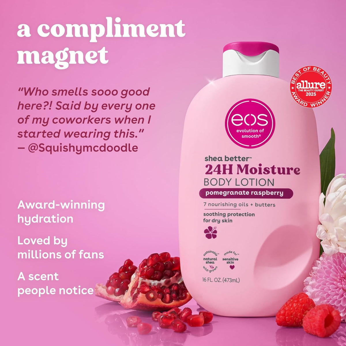 eos Shea Better 24H Moisture Körperlotion in Granatapfel-Himbeere, Flasche umgeben von Granatapfel und Himbeere auf rosa Hintergrund.