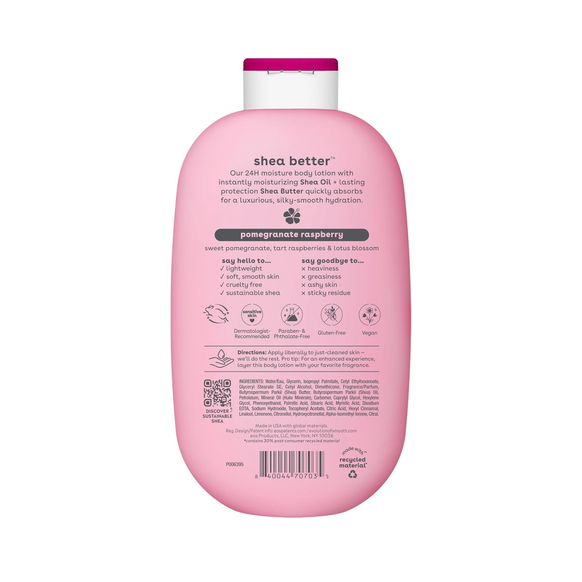 eos Shea Better Bodylotion-Flasche in Rosa mit magentafarbenem Deckel, Rückseite mit Zutaten und Granatapfel-Himbeer-Duft.