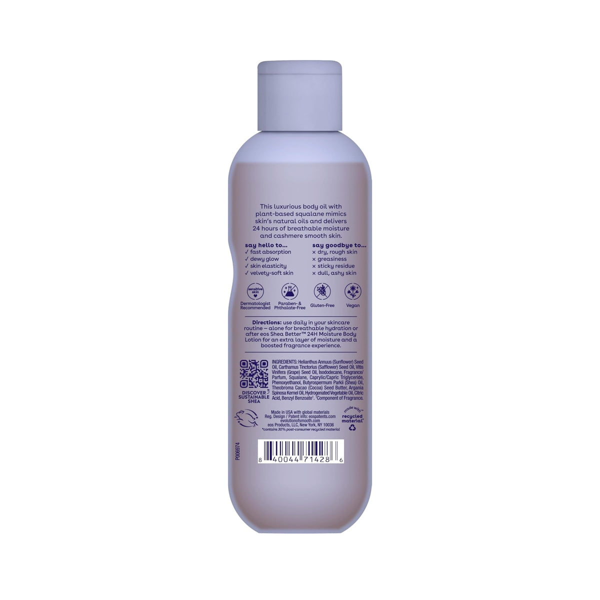 eos Shea Better Körperölflasche mit Zutaten, Gebrauchsanweisung und Barcode auf dem Etikett auf der Rückseite.