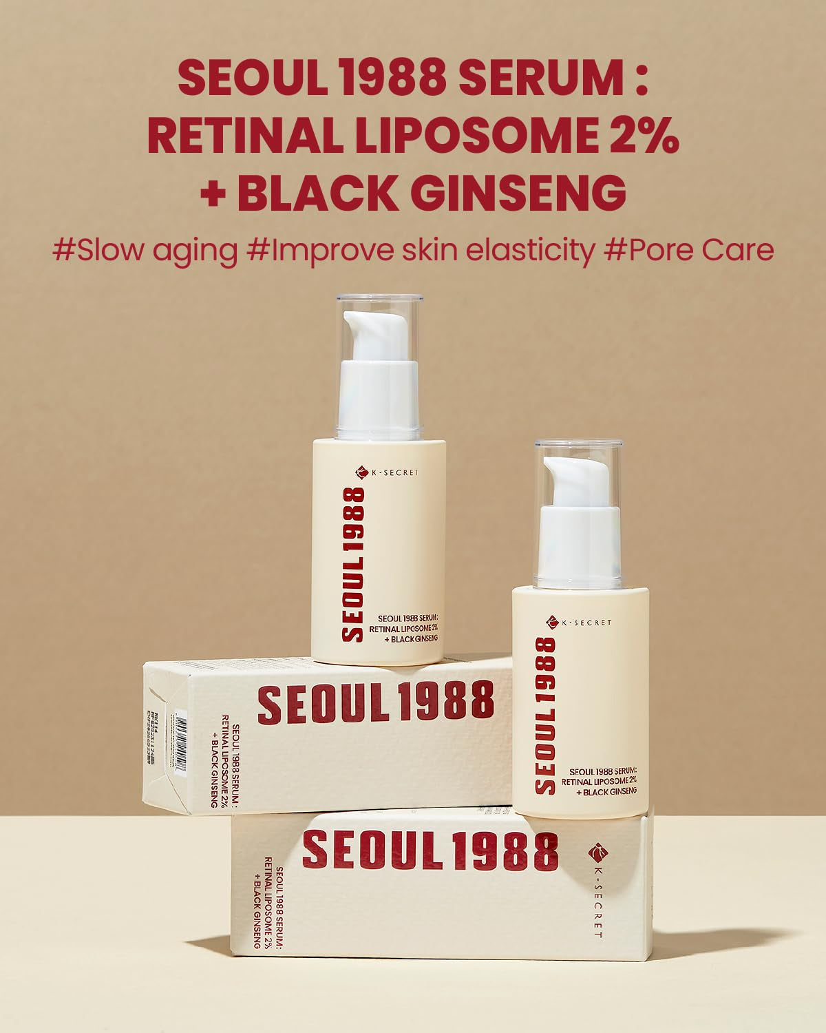 Zwei Flaschen K-Secret Serum: Retinal Liposome 2 % + Black Ginseng 30 ml auf beigem Hintergrund mit passenden weißen Kästchen.