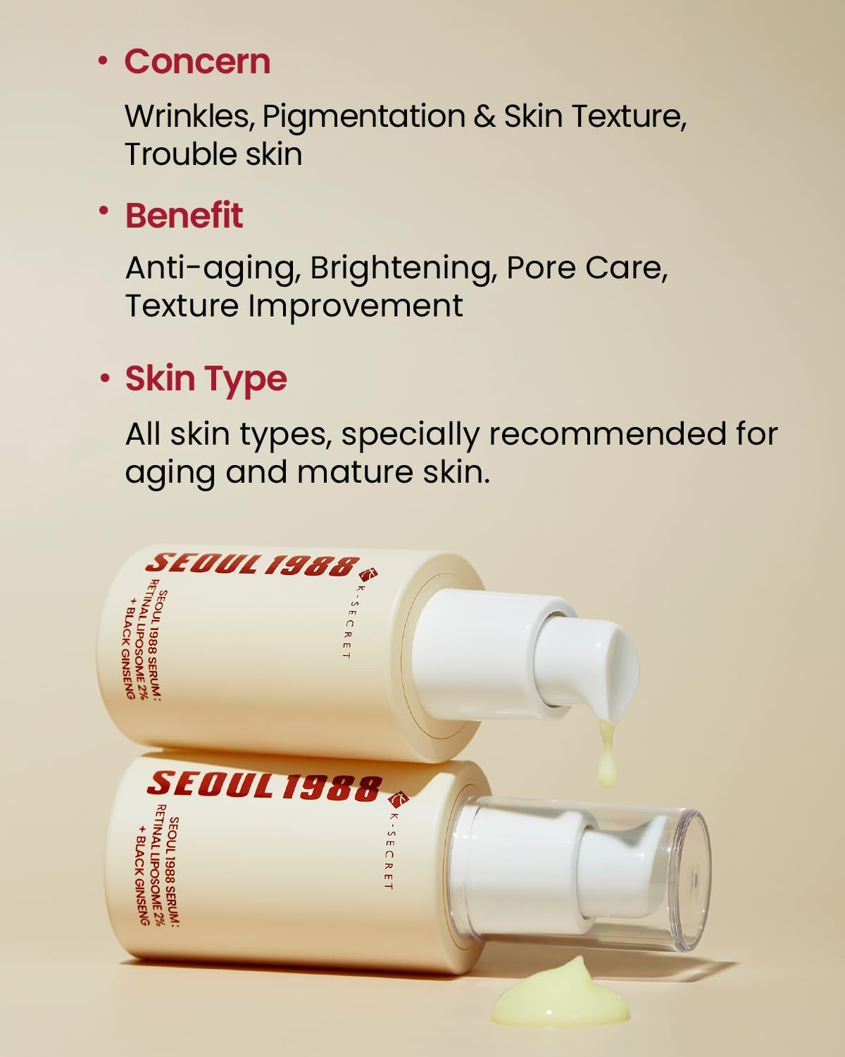 Zwei Flaschen K-Secret Serum: Retinal Liposome 2 % + Black Ginseng 30 ml mit hellgelbem Serum auf beigem Hintergrund.