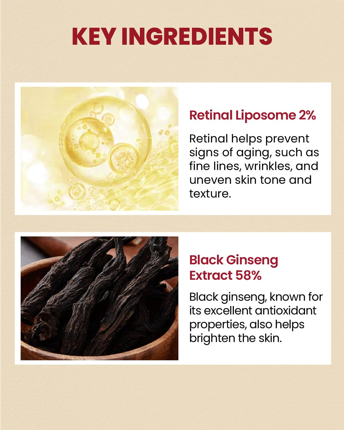 Gelbe Liposomen und schwarzer Ginseng in einer Holzschale veranschaulichen die Hauptzutaten im K-Secret Serum: Retinal Liposome 2 % + Black Ginseng 30 ml.