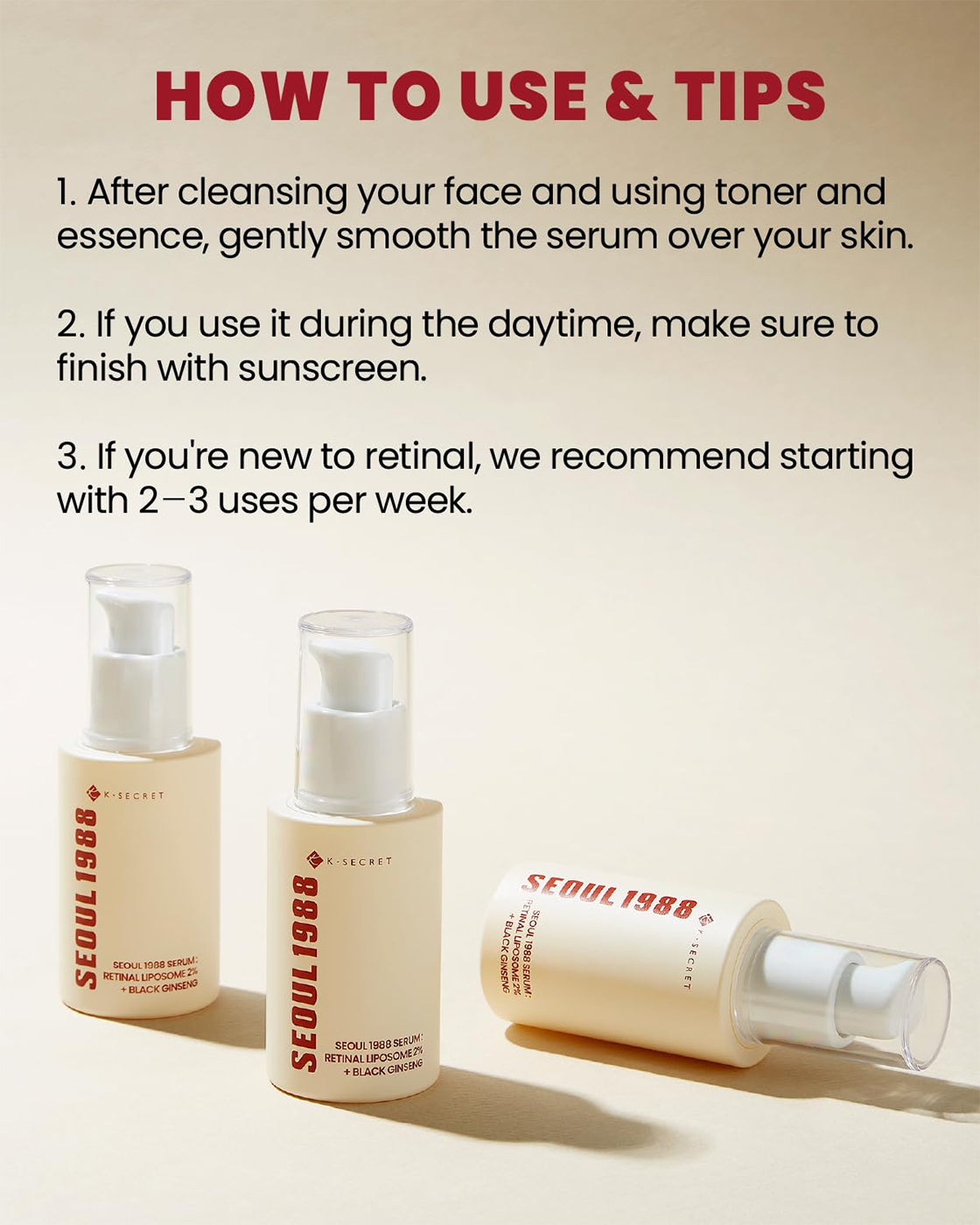 Drei Flaschen K-Secret Serum: Retinal Liposome 2 % + Black Ginseng 30 ml auf hellem Hintergrund mit Anwendungstipps im Hintergrund.