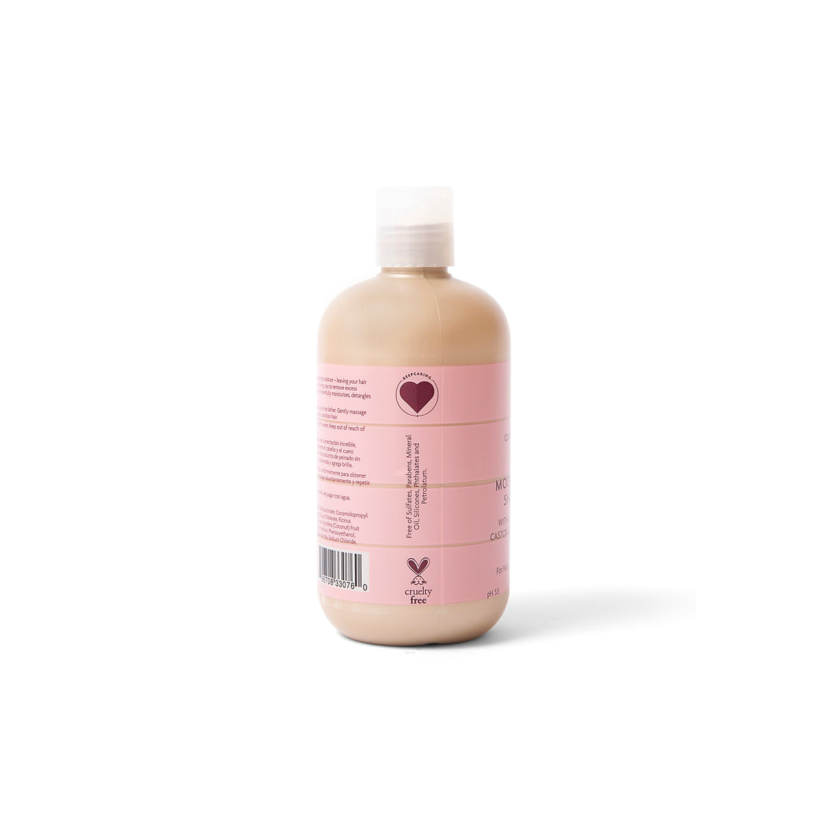 Seitenansicht der KeraCare Curlessence Moisturizing Shampoo-Flasche mit Informationen zu Inhaltsstoffen, die nicht im Produkt enthalten sind (Sulfate, Parabene, Mineralöl, Silikone, Phthalate und Vaseline) und einem Tierversuchsfrei-Logo.