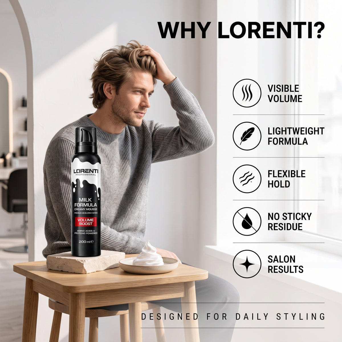 Mand med stylet hår ved Lorenti Milk Formula Volume Boost mousse, 200 ml, med ikoner for fordele.