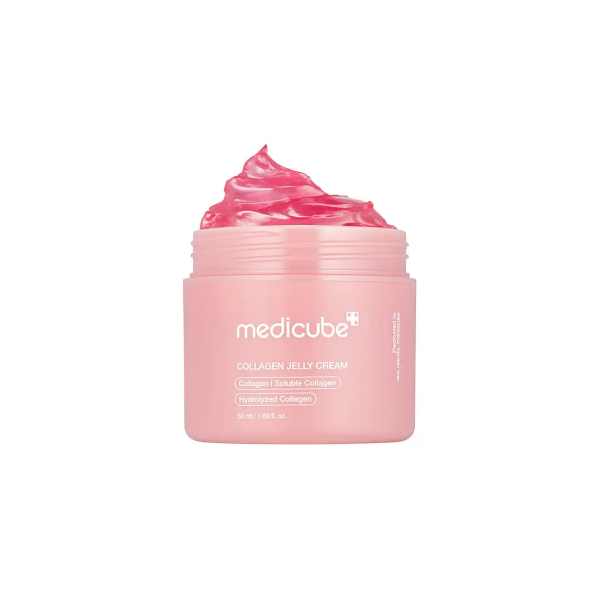 Rosafarbenes Glas mit Medicube Collagen Jelly Cream 50 ml, gefüllt mit rosa, geleeartiger Creme mit Kollagen.