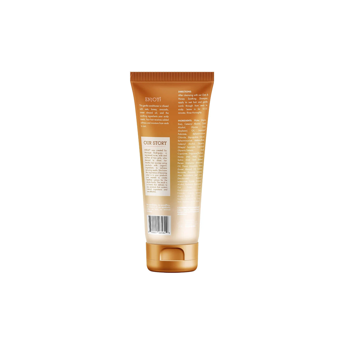 Rückseite von Mielle Oats & Honey Beruhigender Conditioner 237 ml mit Zutatenliste und Gebrauchsanweisung auf goldener Tube.
