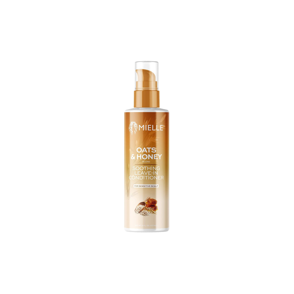 Mielle Oats & Honey Beruhigender Leave-In-Conditioner 177 ml mit goldenem Pump und Bild von Honig und Hafer auf der Flasche.