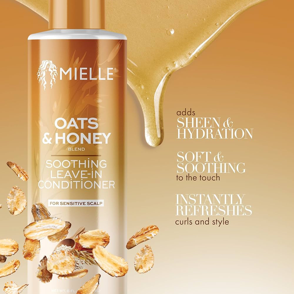 Mielle Oats & Honey Beruhigender Leave-In-Conditioner 177 ml mit Haferflocken und Honigtropfen auf goldenem Hintergrund.