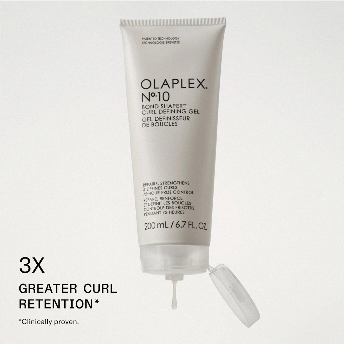 Olaplex Nº10 Bond Shaper Curl Defining Gel 200 ml Tube mit offenem Verschluss und 3-mal besserer Lockenhaltbarkeit.