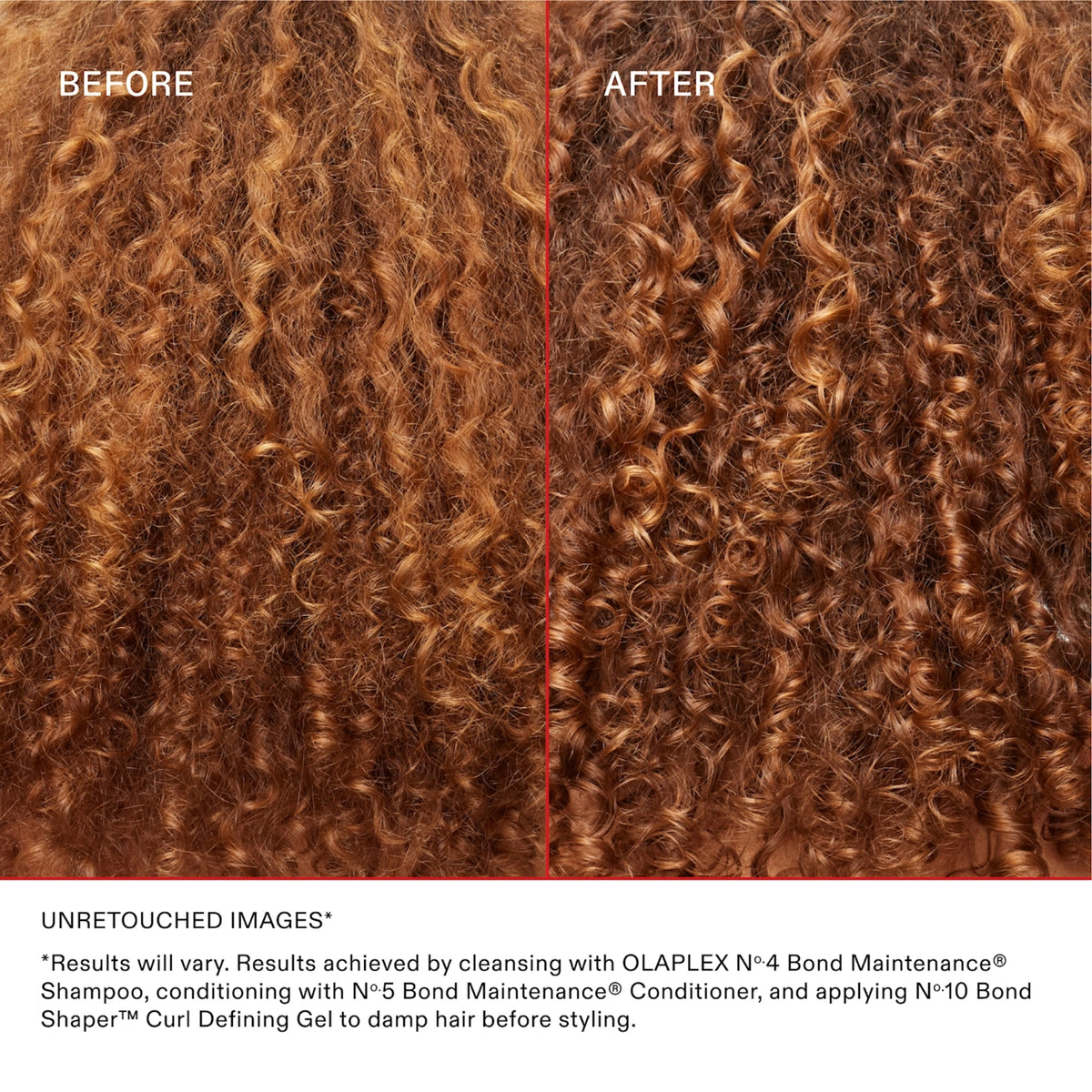 Olaplex vorher und nachher für lockiges kastanienbraunes Haar mit definierteren und glänzenderen Locken nach der Behandlung.