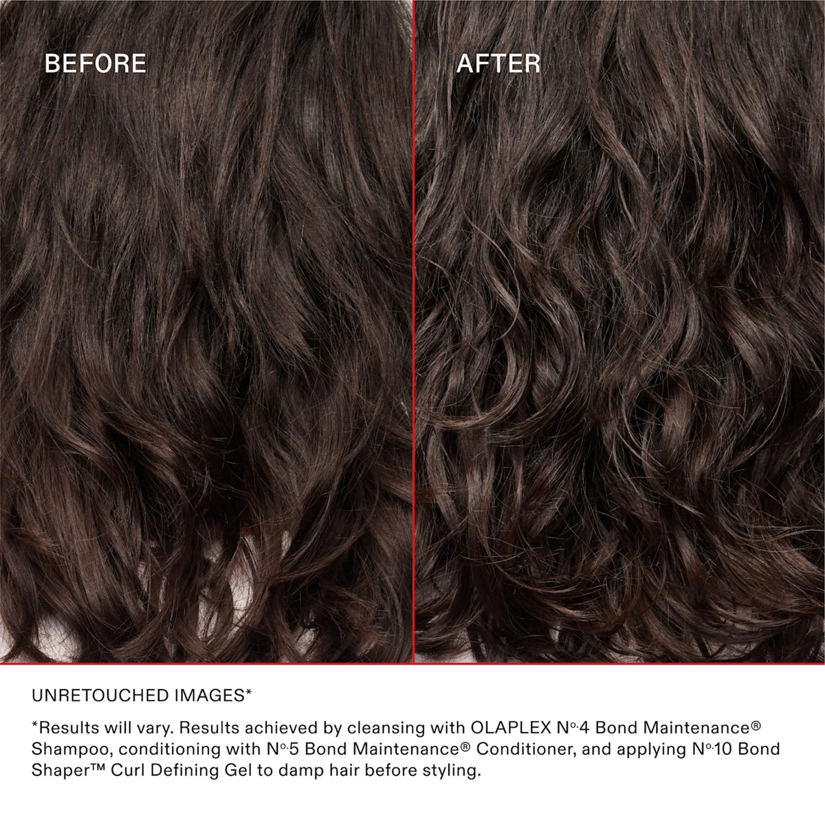 Olaplex vorher und nachher: ​​lockiges braunes Haar mit definierteren Locken nach der Verwendung von Bond Maintenance-Produkten.