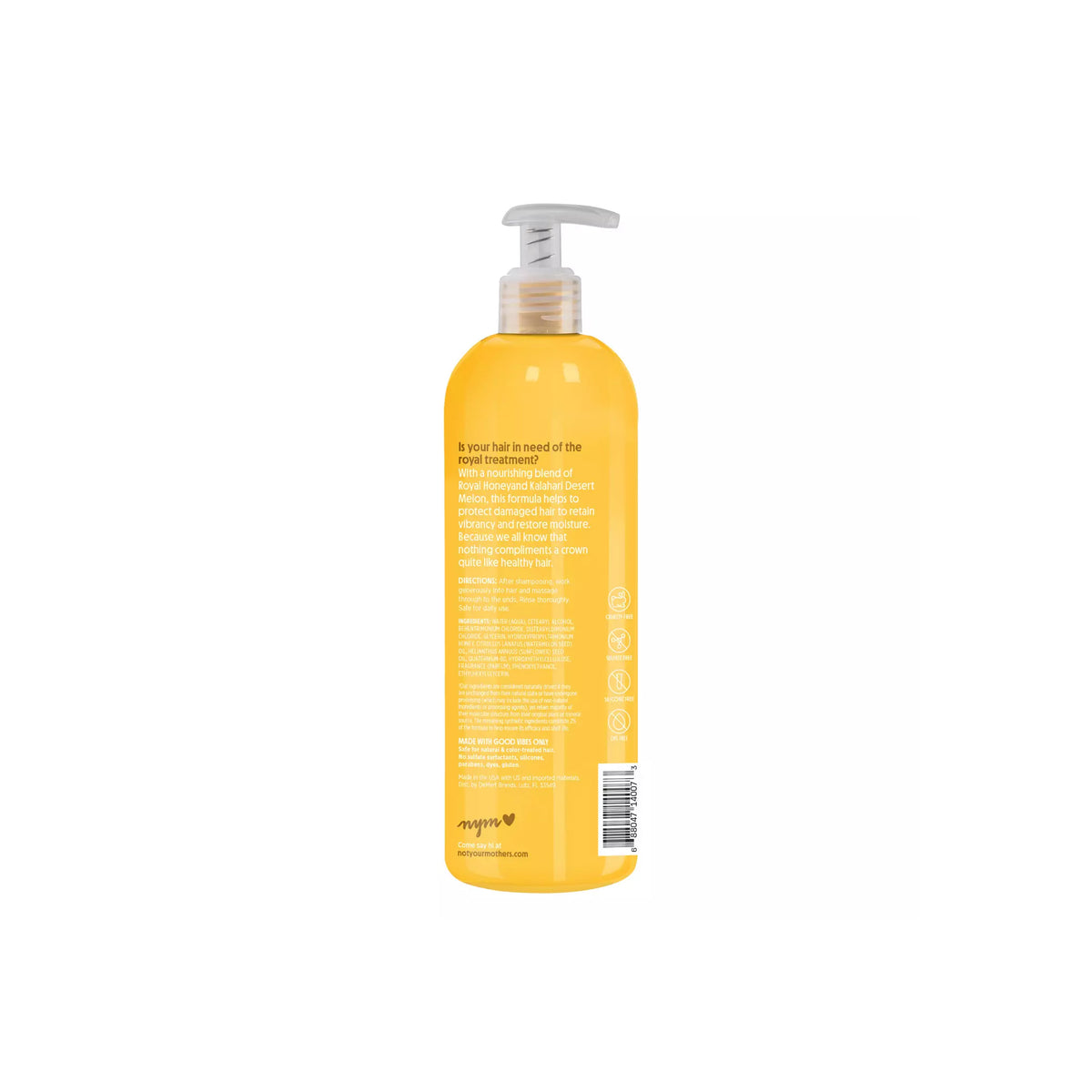 Die Rückseite einer orange/gelben Flasche Not Your Mother's Naturals Royal Honey & Kalahari Desert Melon Conditioner mit Produktbeschreibung, Gebrauchsanweisung und Zutatenliste.