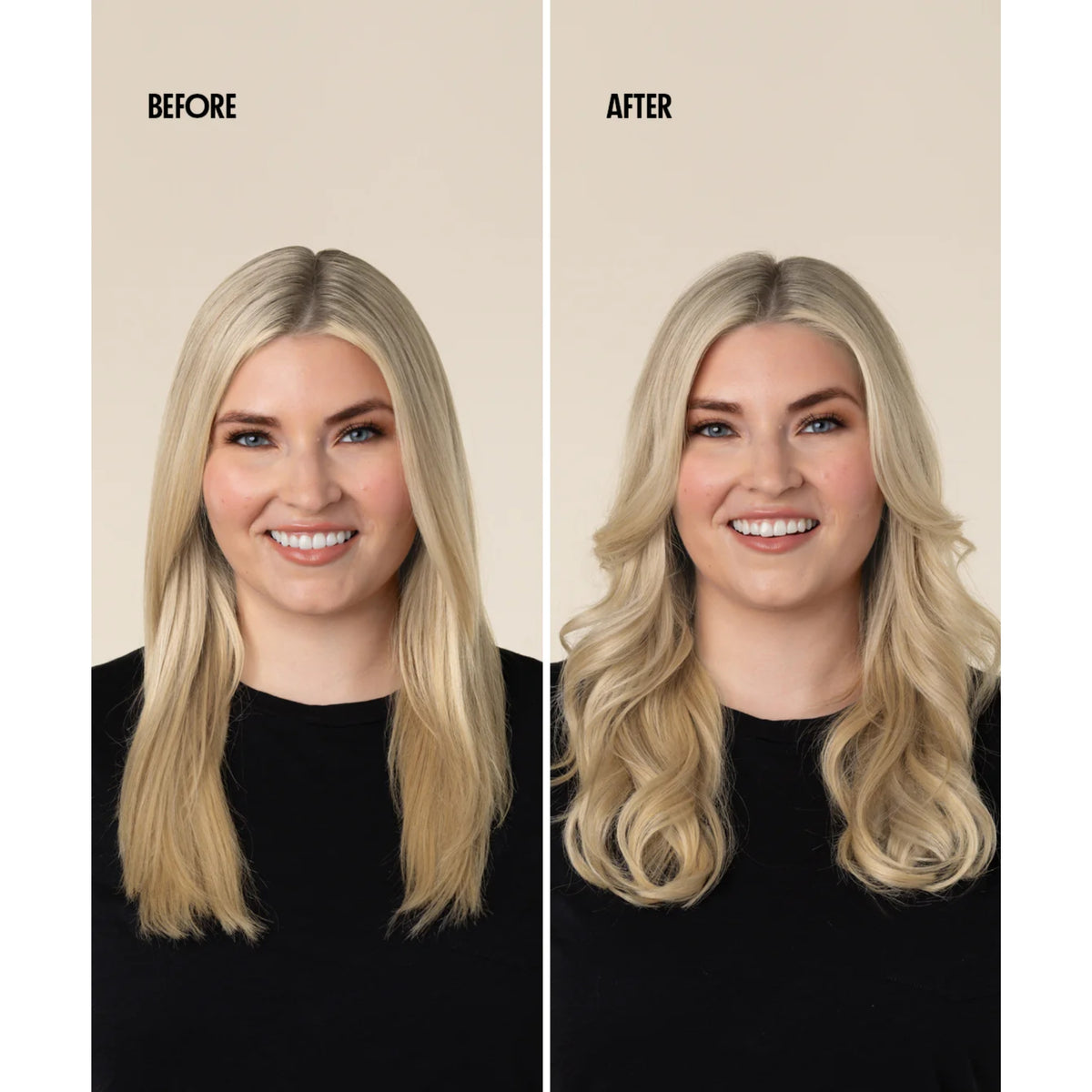 Vor und nach der Haartransformation bei einer blonden Frau, glattes Haar vor und welliges, voluminöses Haar nach dem Styling.