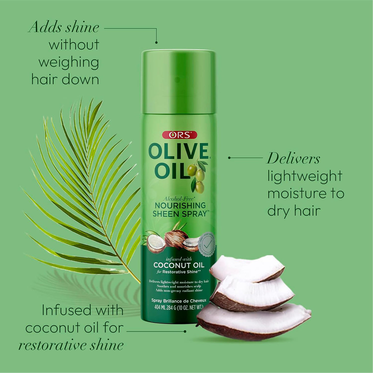 ORS Olive Oil Nourishing Sheen Spray mit Kokosnussöl. Das Bild zeigt das Produkt mit einer Kokosnuss und einem Palmblatt, wodurch die natürlichen Inhaltsstoffe und die leichte Feuchtigkeit hervorgehoben werden.