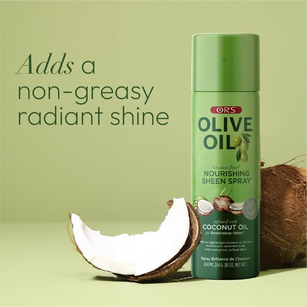 ORS Olive Oil Nourishing Sheen Spray mit Kokosnussöl. Das Bild zeigt das Produkt zusammen mit einer geöffneten Kokosnuss und betont so die Zutat.