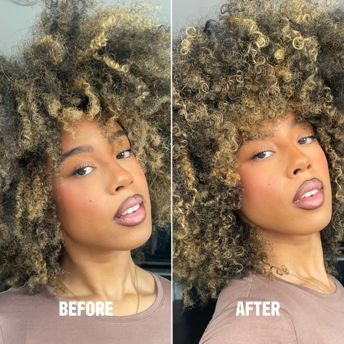 Vorher-Nachher-Bild von lockigem Haar mit blonden Highlights – definierte Locken und mehr Volumen nach der Behandlung.