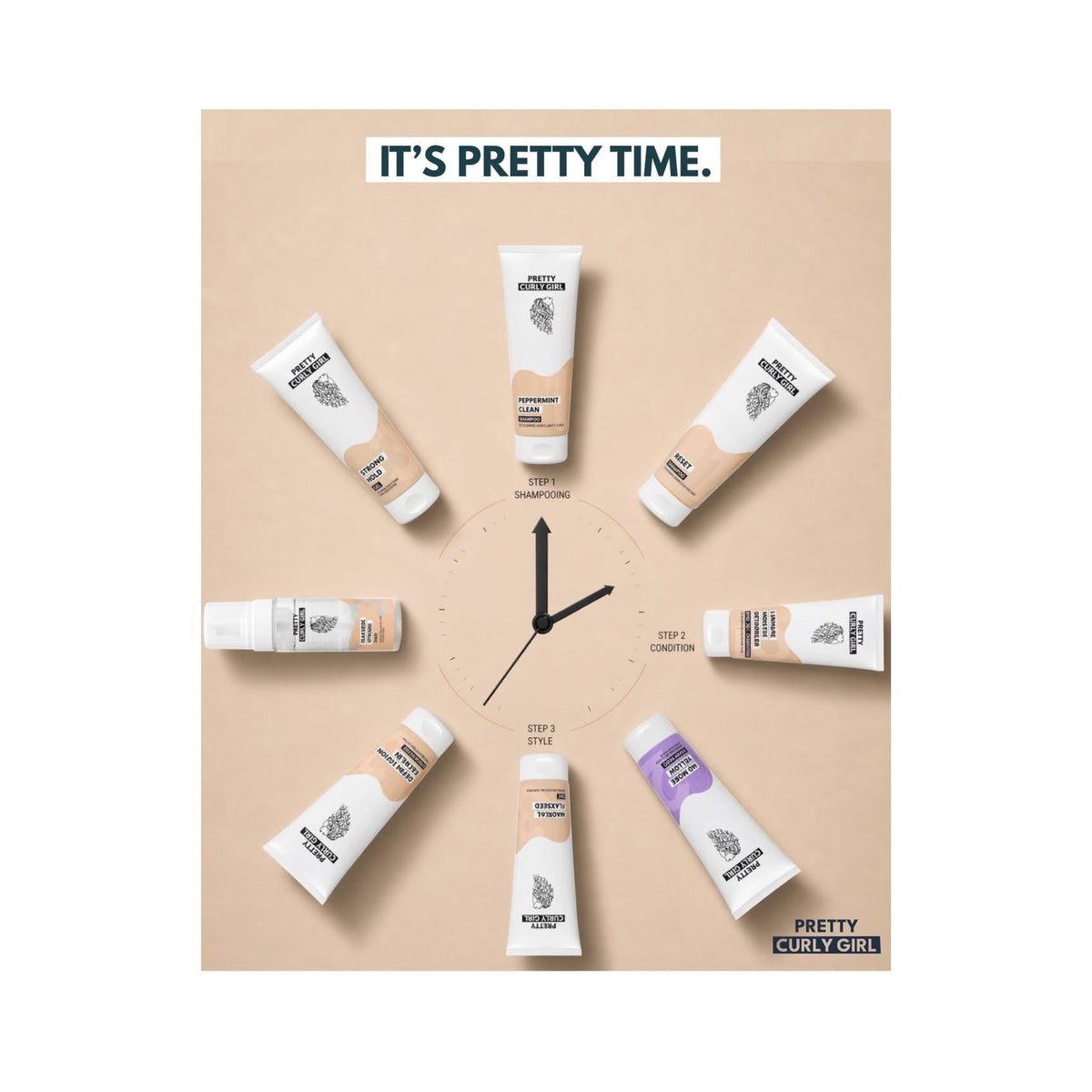 Die Haarpflegeprodukte von Pretty Curly Girl sind in einem Zifferblatt mit drei Schritten angeordnet: Shampoonieren, Konditionieren und Stylen.