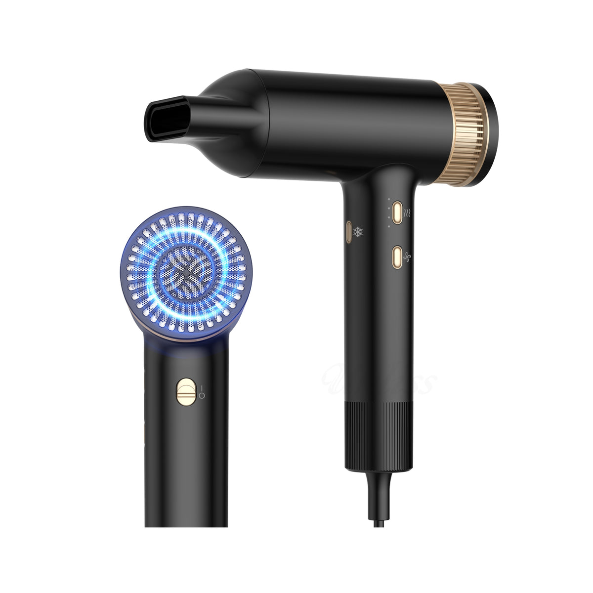 Professioneller Ionen-Haartrockner in Schwarz mit goldenen Details und Blu-Ray-Ionen-Technologie für lockiges und glattes Haar.