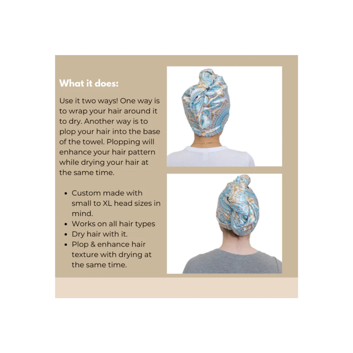 Frau mit Hochsteckfrisur trägt Bounce Curl Satin-Mikrofaser-Turban mit blau-goldenem Muster, von hinten gesehen.