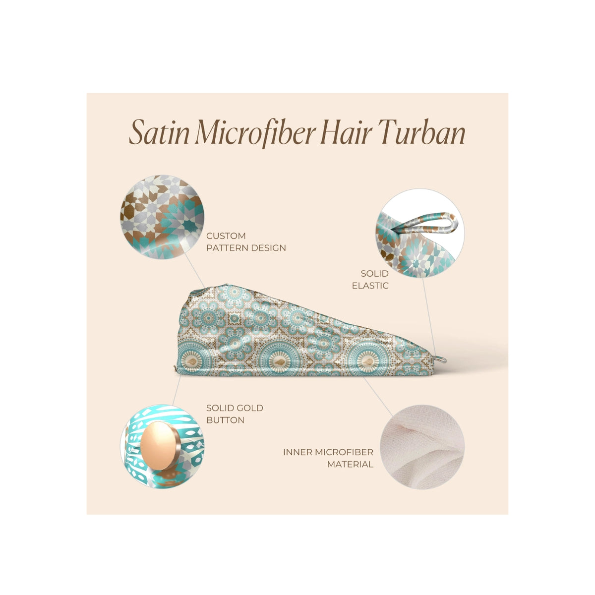Turban aus weicher Satin-Mikrofaser mit besonderem Muster, goldenem Knopf und Gummizug – Bounce Curl Satin Microfiber Turban.