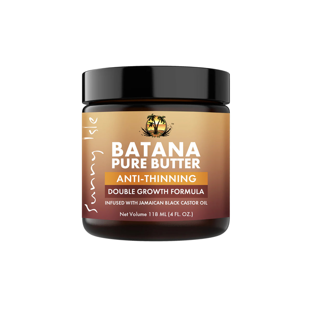 Schwarzes Glas Sunny Isle Pure Batana Butter Anti-Thinning 118 ml mit goldenem Etikett und Text über Haarwachstum und Rizinusöl.