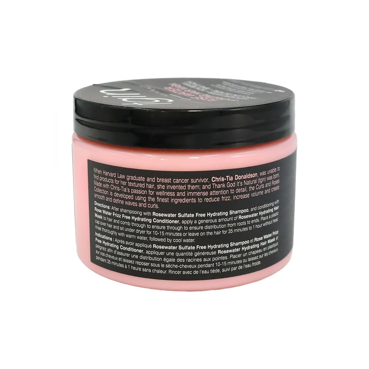 TGIN Rose Water Hydrating Mask 340gr in rosa Behälter mit schwarzem Deckel und Beschreibung der pflegenden Eigenschaften des Produkts auf dem Etikett.