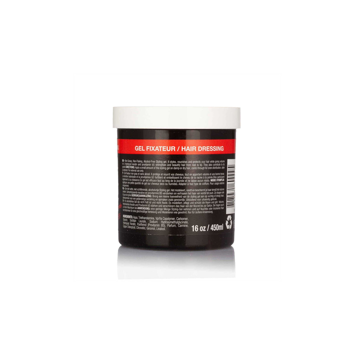 Rückseite des Universal Beauty Styling Gels (16oz) mit Zutatenliste und Gebrauchsanweisung.