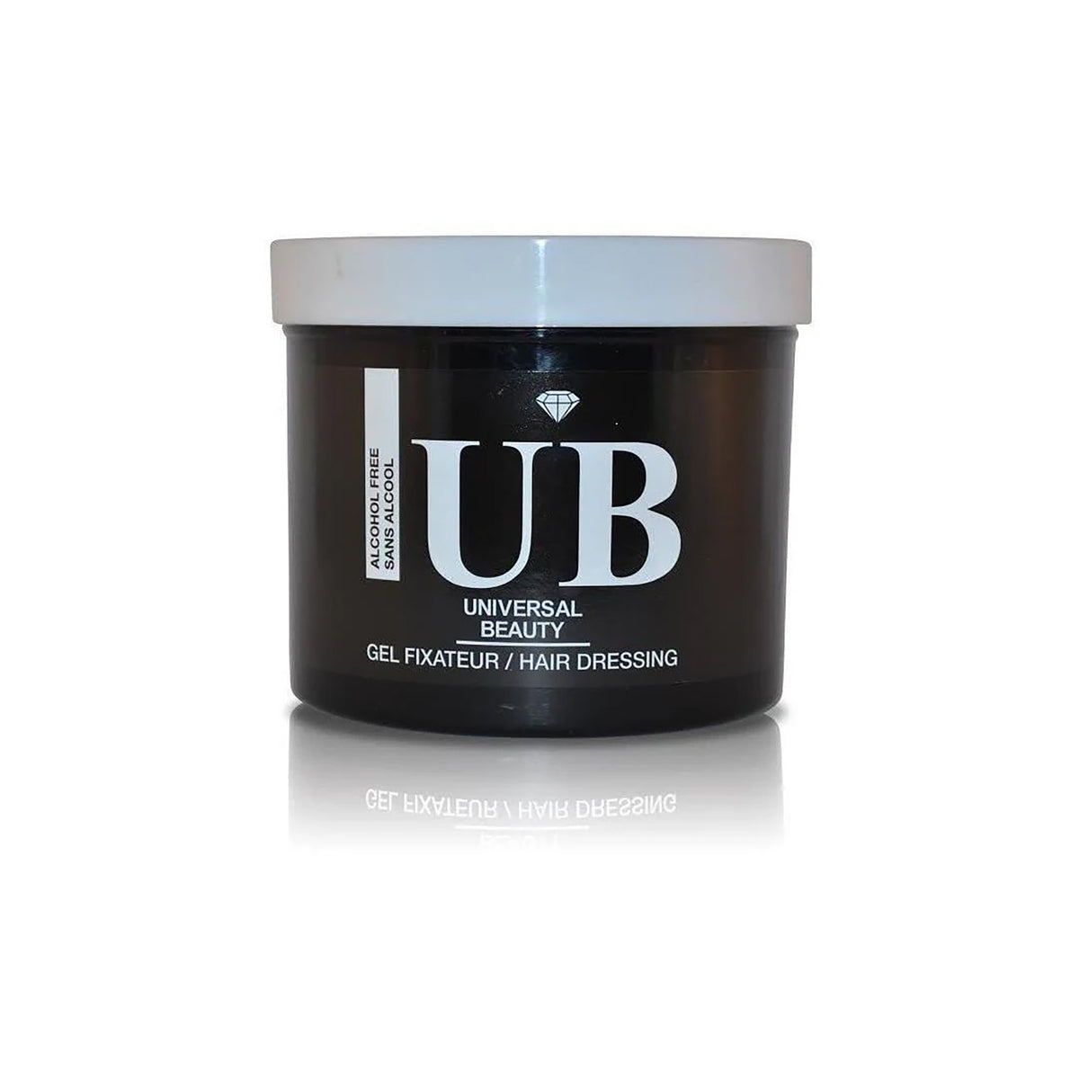 Universal Beauty Styling Gel (32oz) in schwarzer Kunststoffdose mit weißem Deckel. Alkoholfreies Haarstyling-Gel/Fixateur.
