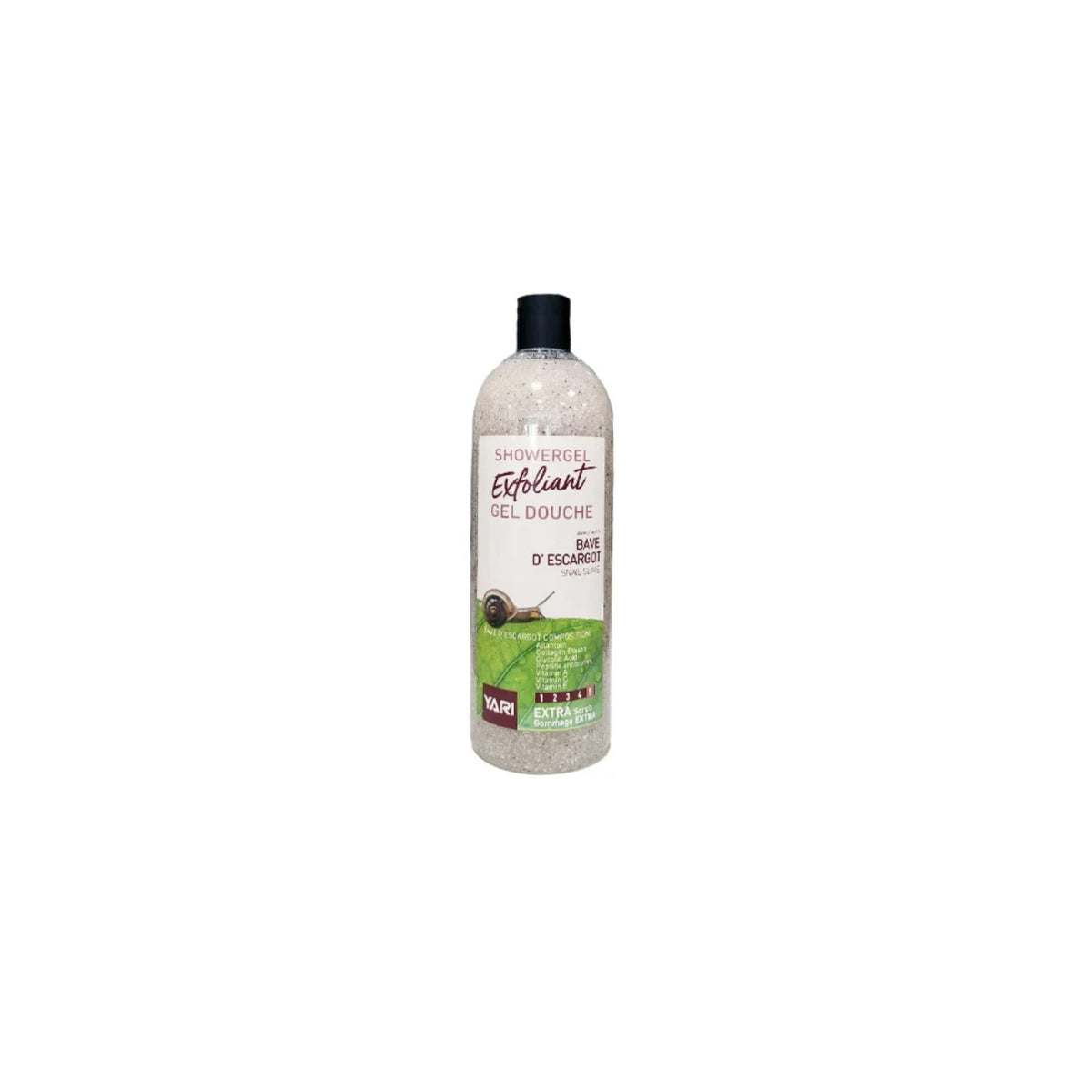 YARI Peeling-Duschgel Schneckenschleim (1000 ml). Große, klare Flasche mit schwarzem Deckel, enthält Peeling-Duschgel mit Schneckenschleim.