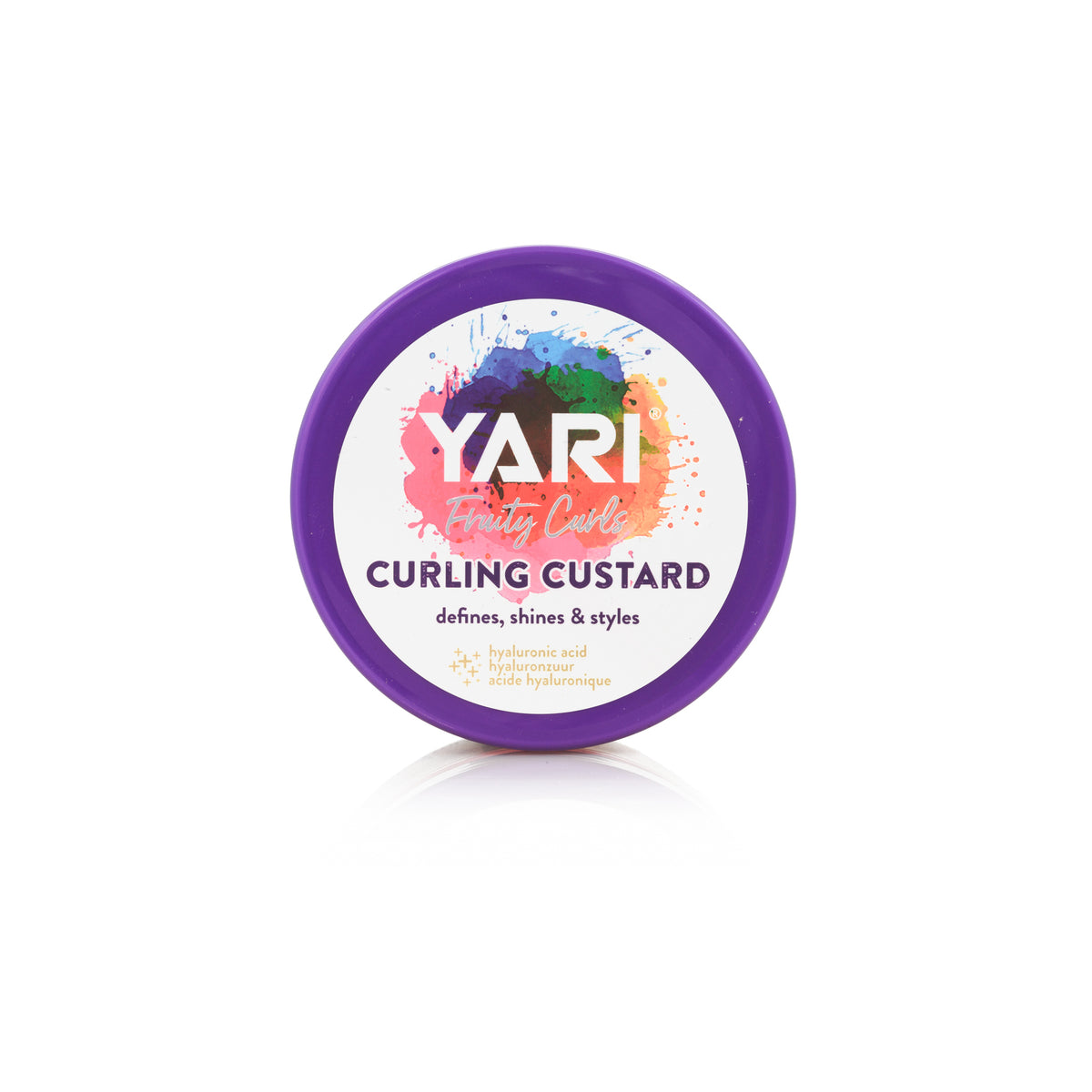 YARI Fruity Curls Lockencreme (300 ml). Lila Eimer mit weißem Deckel. Lockencreme, die Locken definiert, Glanz verleiht und stylt, enthält Hyaluronsäure.